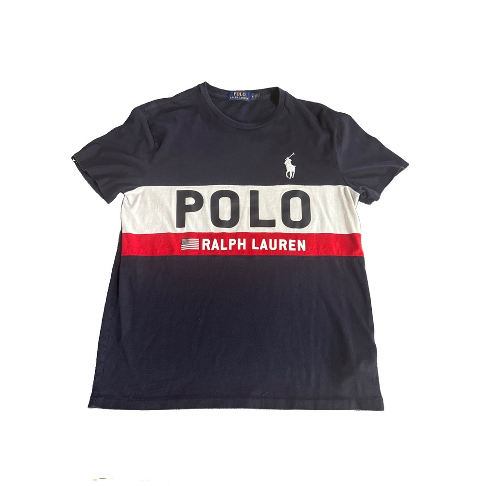 Polo Ralph Lauren Men Navy Polo RL US Flag Graphic Classic Fit T Shirt Blue Med